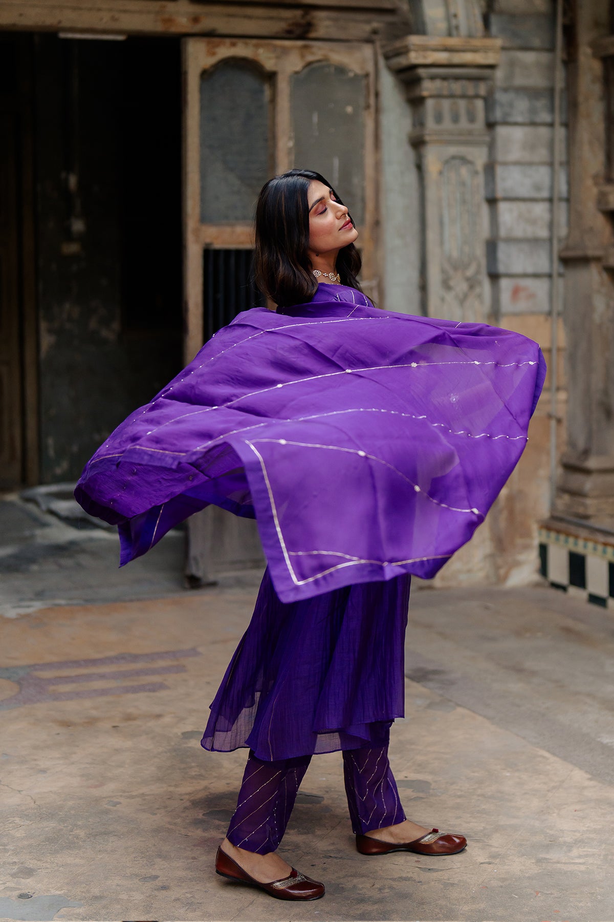 Khadi Moti Silk Organza Dupatta - Purple