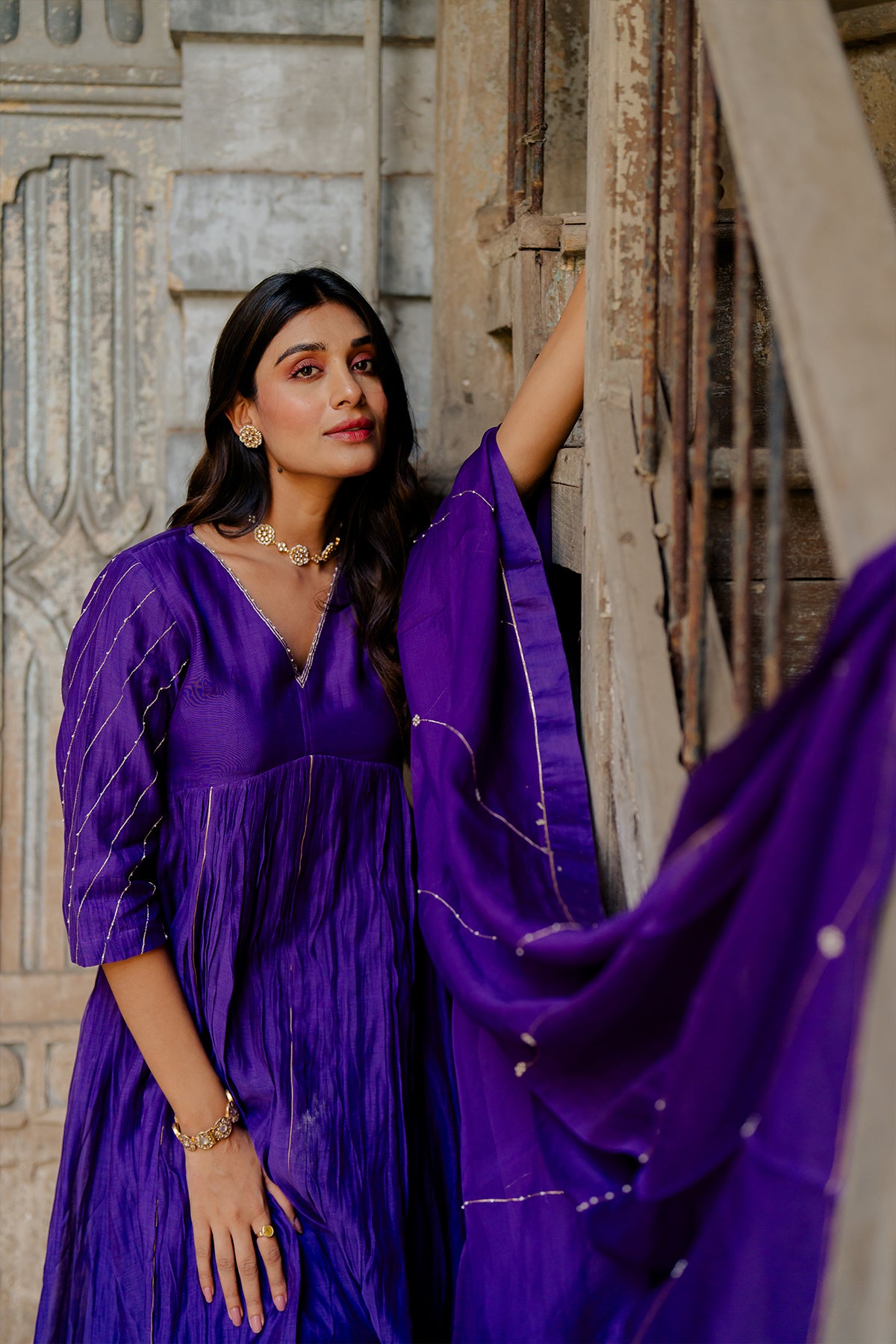 Khadi Moti Silk Organza Dupatta - Purple