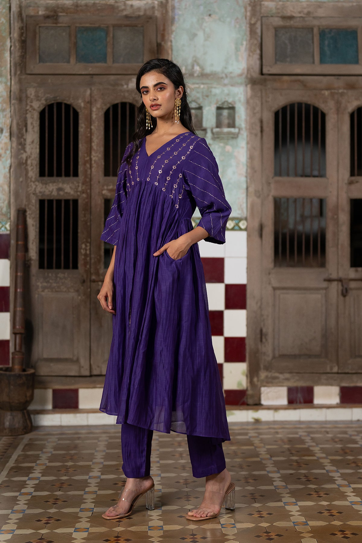 Kiara Chanderi Silk Empire Gather Flare Kurta with Pants - Purple