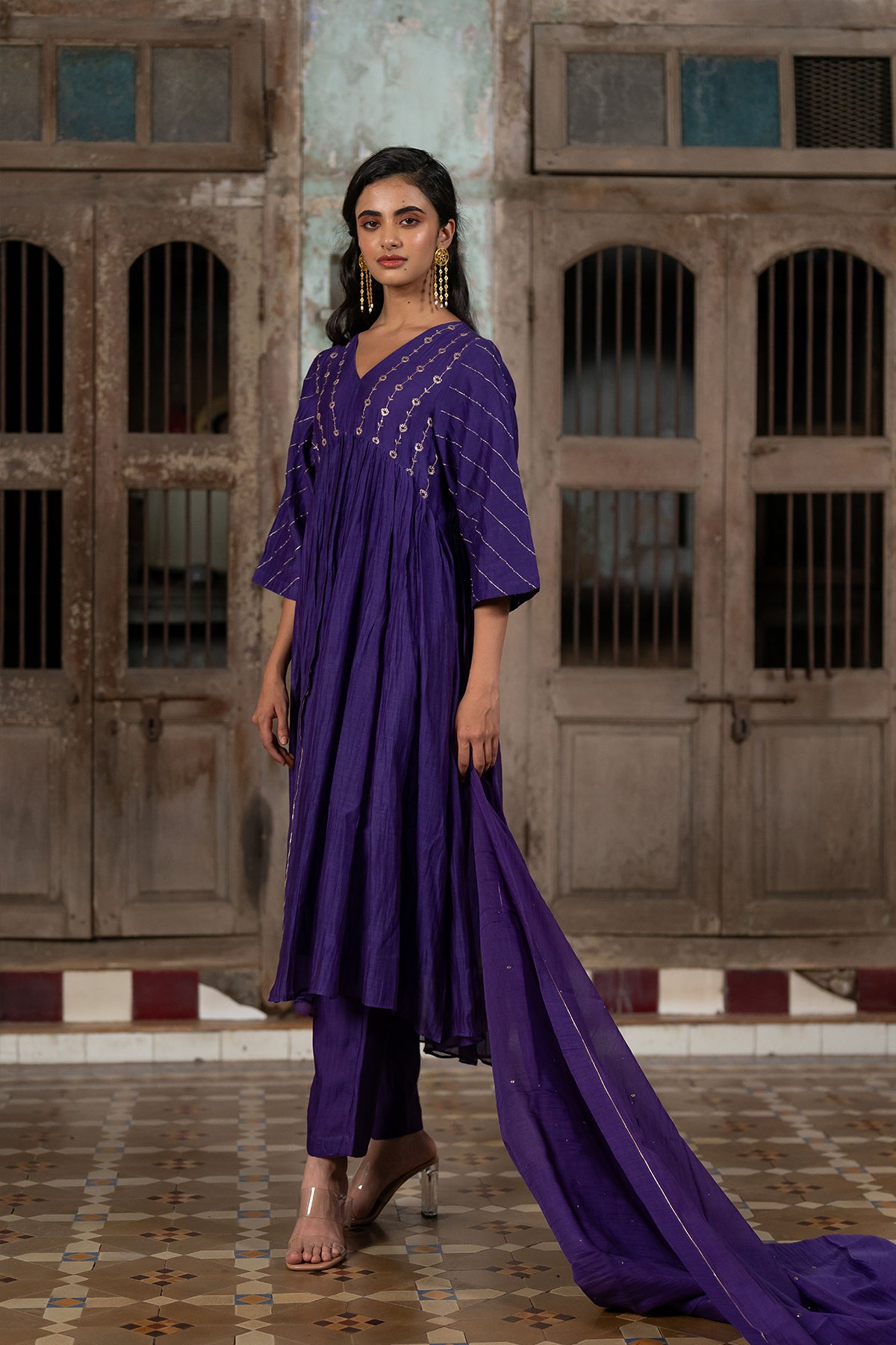Kiara Chanderi Silk Empire Gather Flare Kurta with Pants - Purple