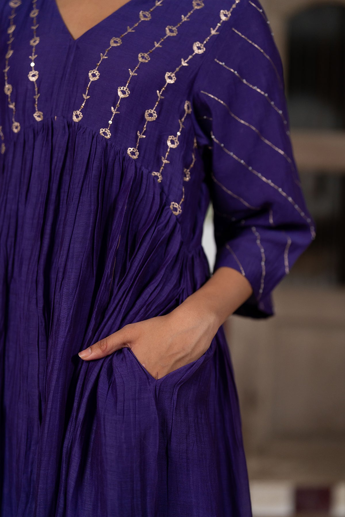 Kiara Chanderi Silk Empire Gather Flare Kurta with Pants - Purple