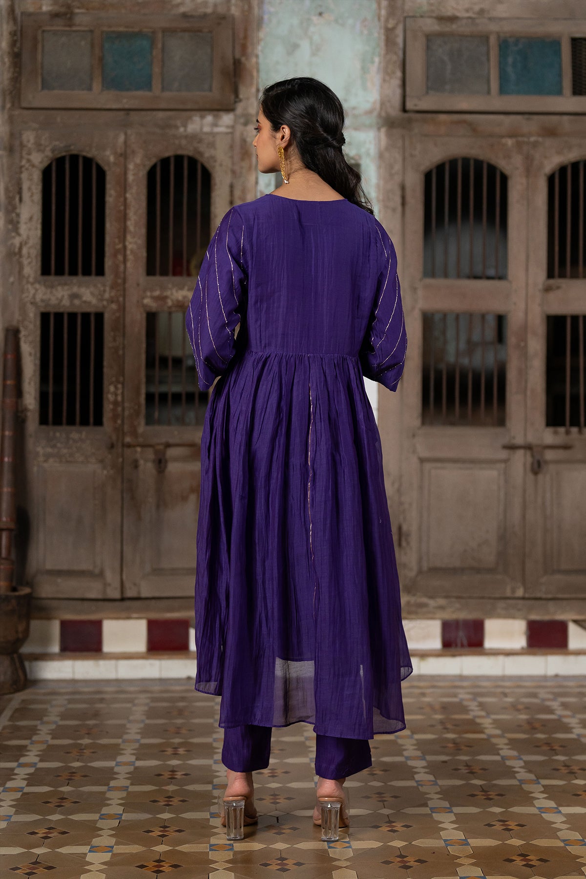 Kiara Chanderi Silk Empire Gather Flare Kurta with Pants - Purple