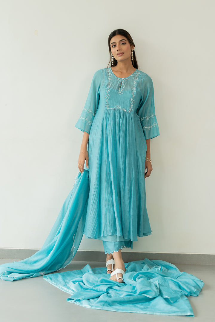 Kumud-Chanderi-Kali-Kurta-and-Pant-Set-Caribbean-Blue-