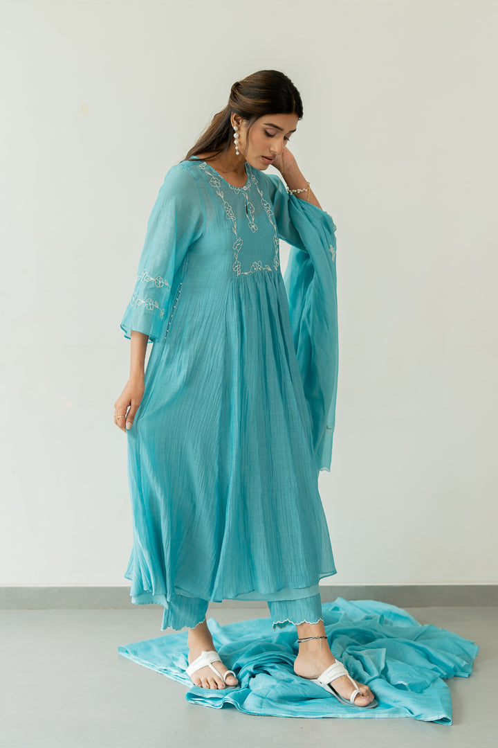 Kumud-Chanderi-Kali-Kurta-and-Pant-Set-Caribbean-Blue-