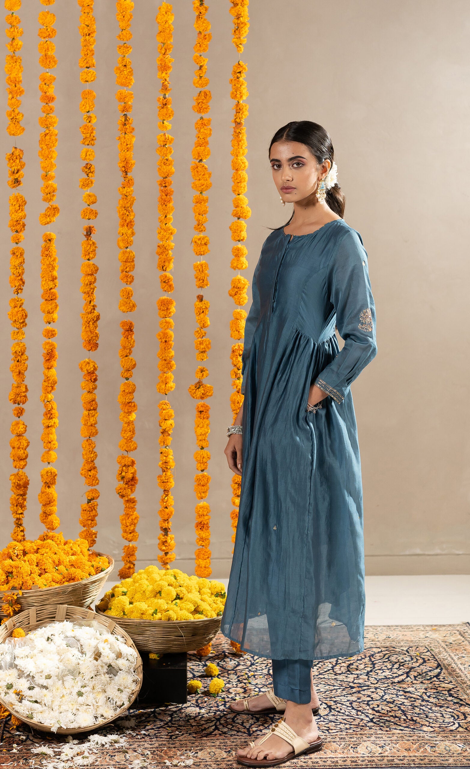Kumud Chanderi Kurta With Pants - Aegean Blue