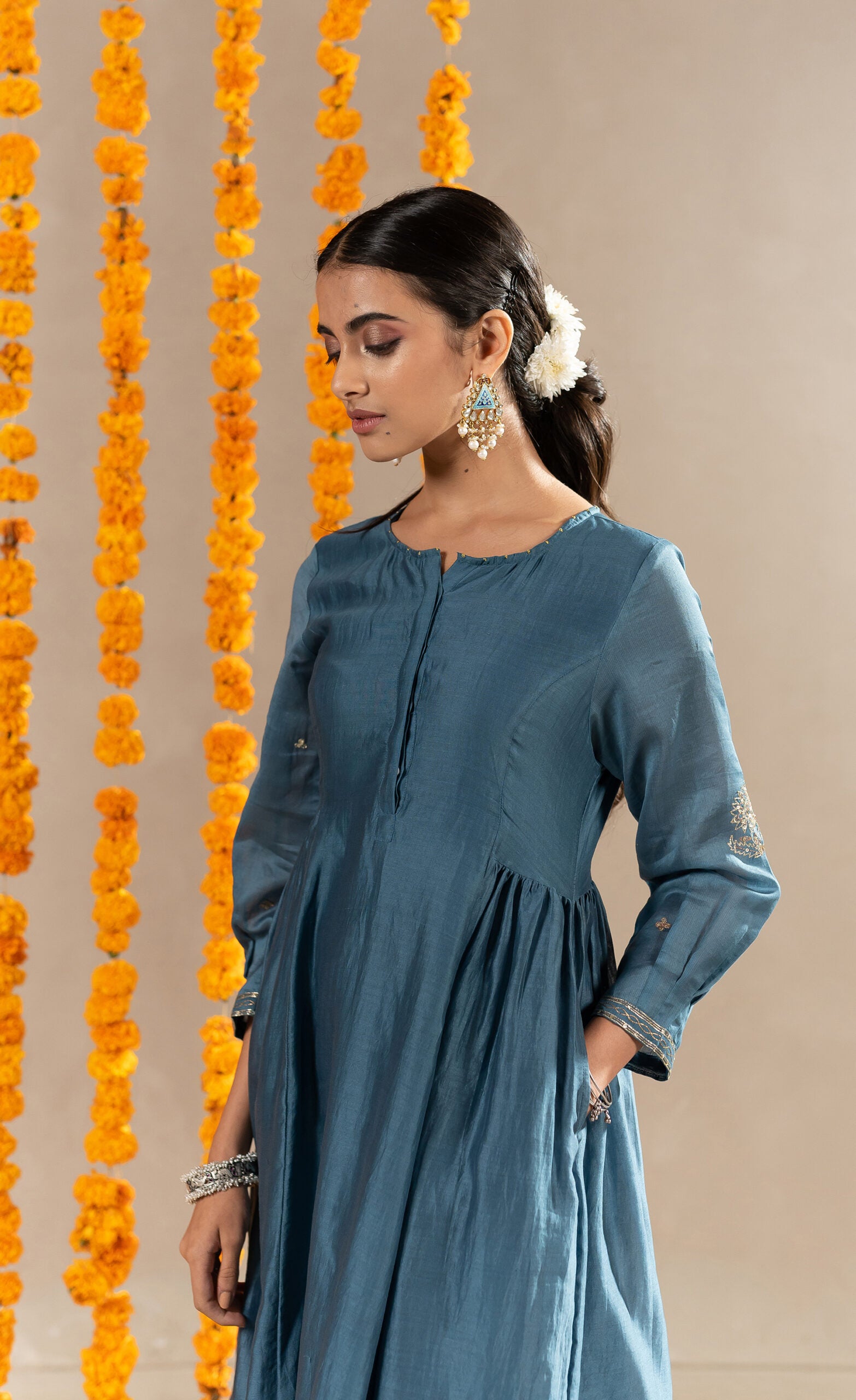 Kumud Chanderi Kurta With Pants - Aegean Blue