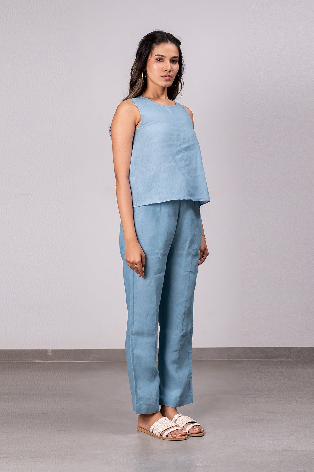 Kylie Linen Top- Icy Blue