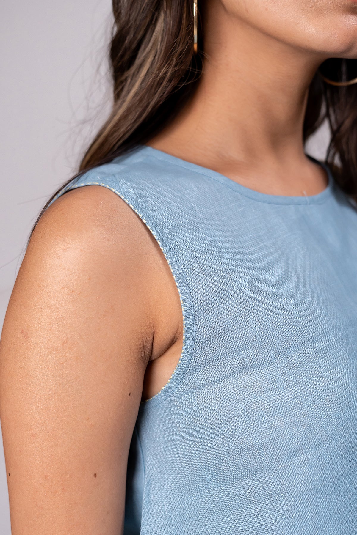 Kylie Linen Top- Icy Blue
