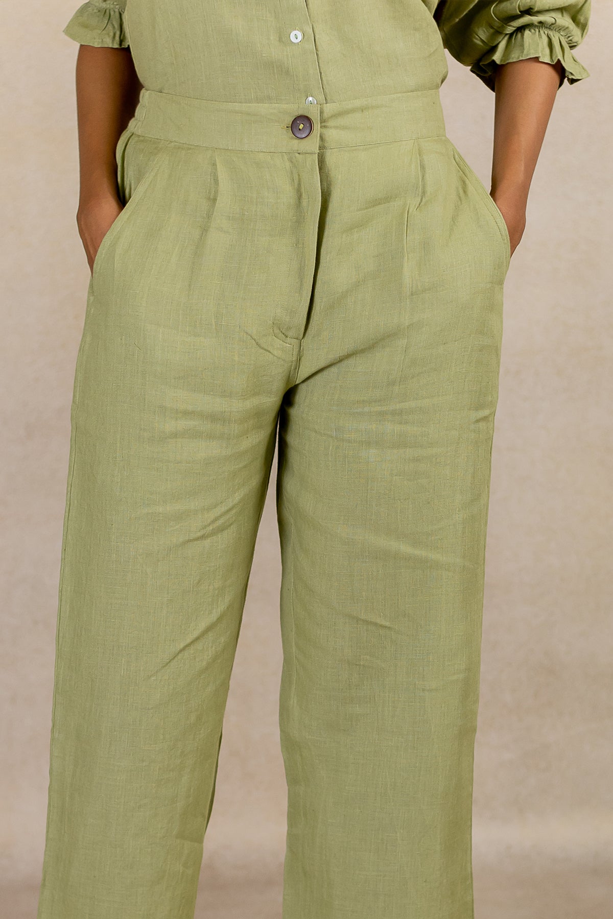 Linen Front Zipper Pants - Meadow Green