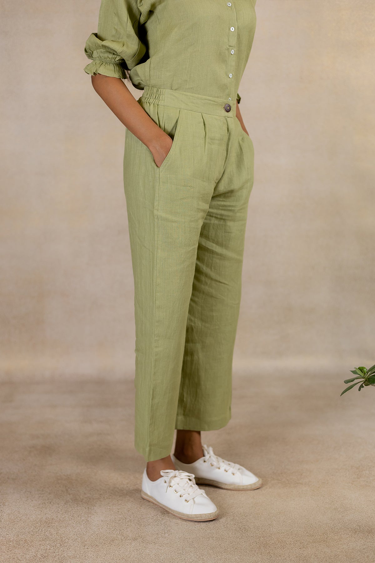 Linen Front Zipper Pants - Meadow Green