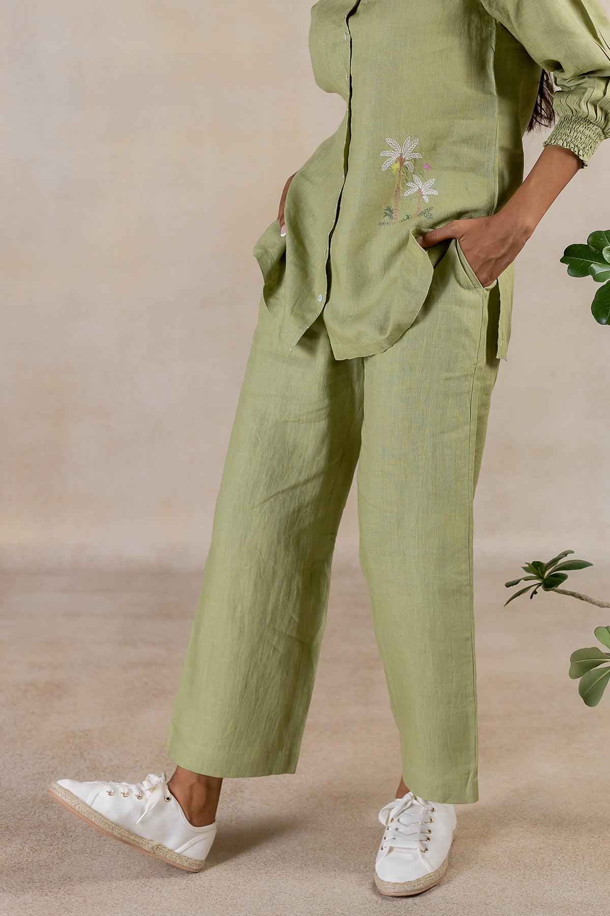 Linen Front Zipper Pants - Meadow Green