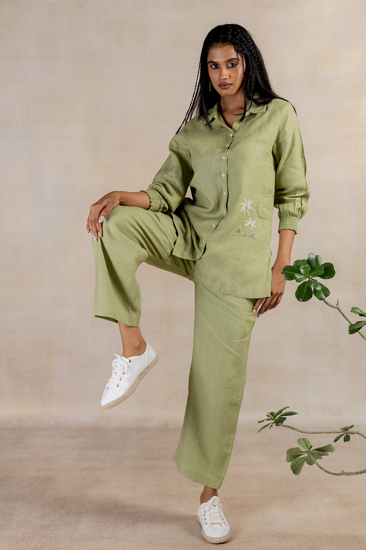 Linen Front Zipper Pants - Meadow Green