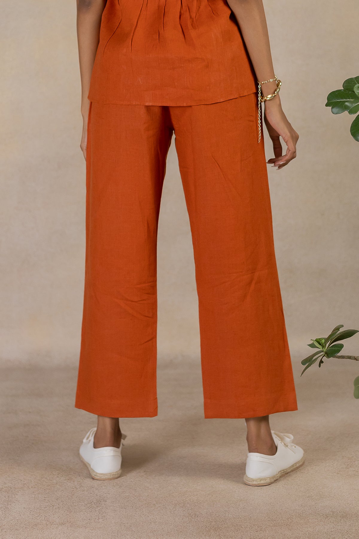 Linen Front Zipper Pants - Tan Rust