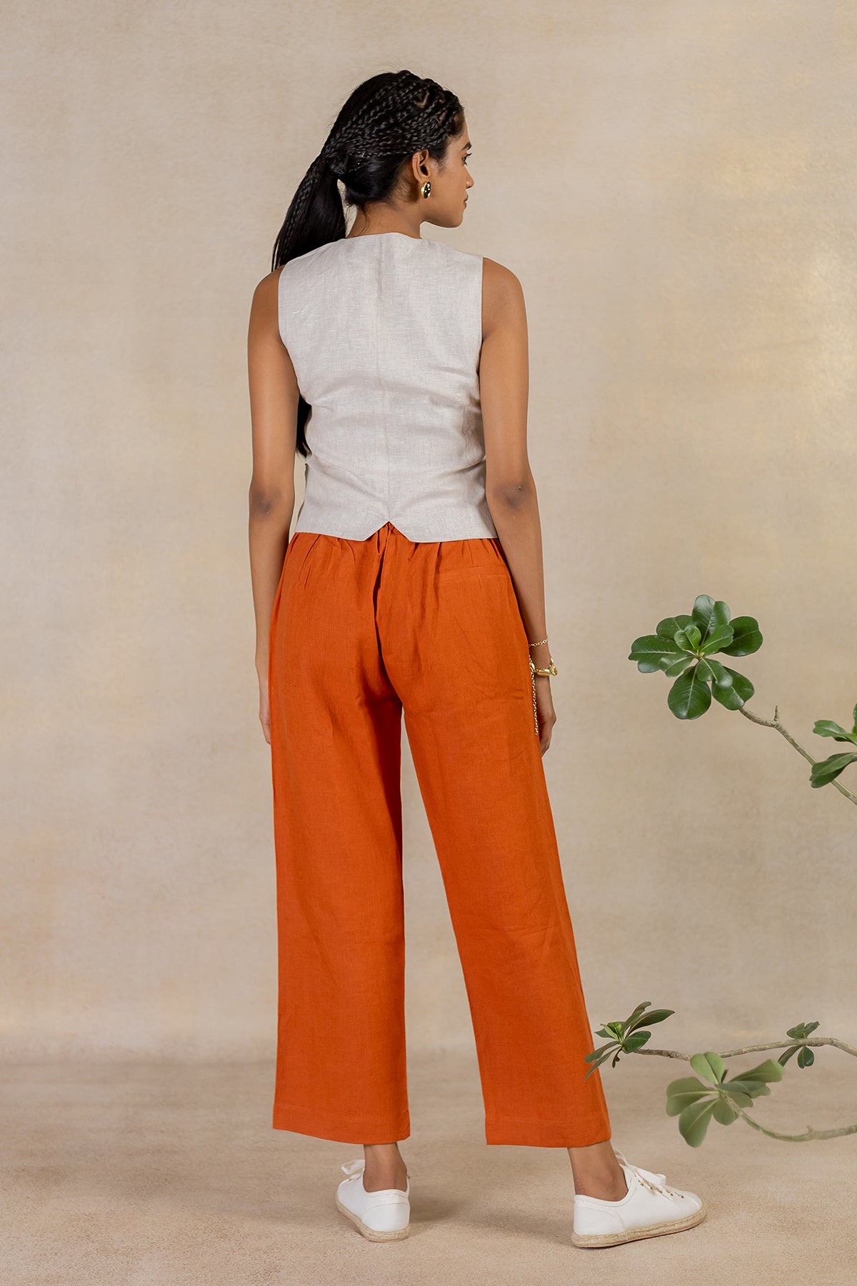 Linen Front Zipper Pants - Tan Rust