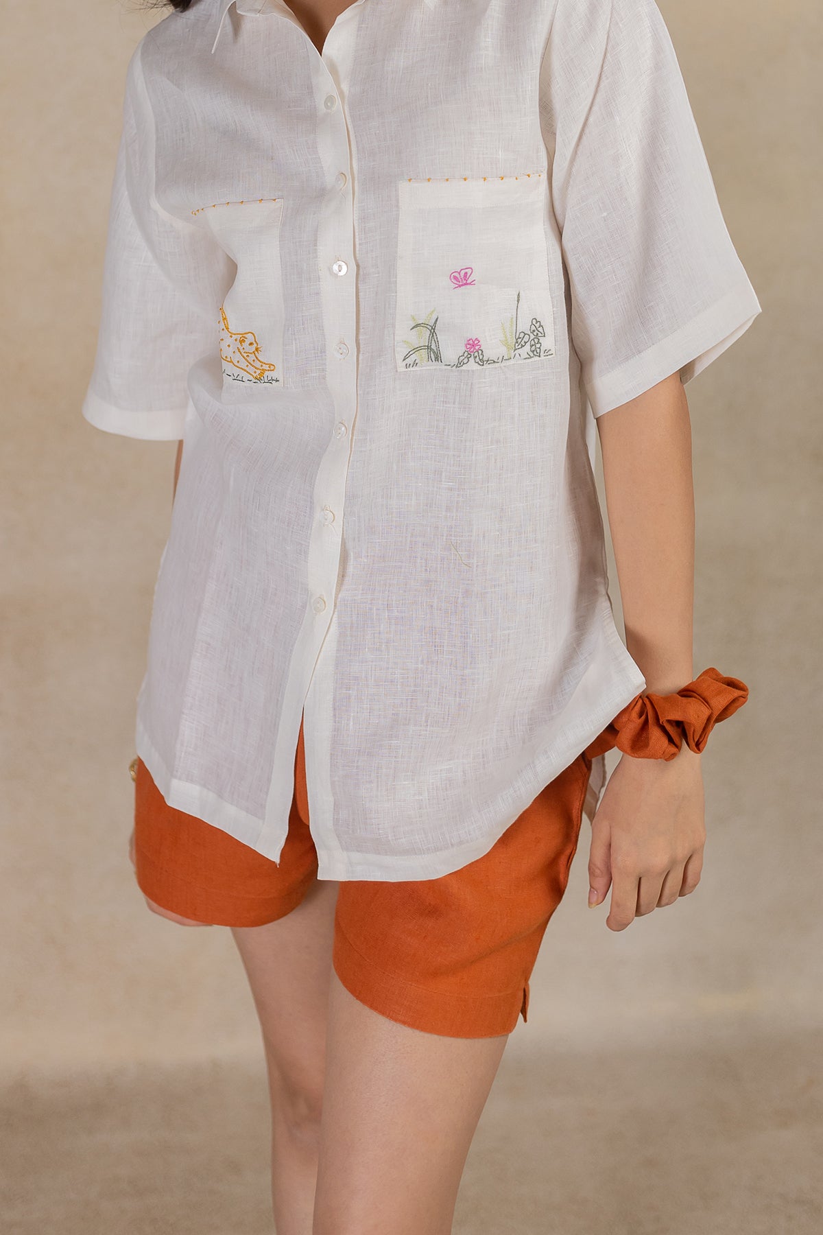 Linen Front Zipper Shorts - Tan Rust