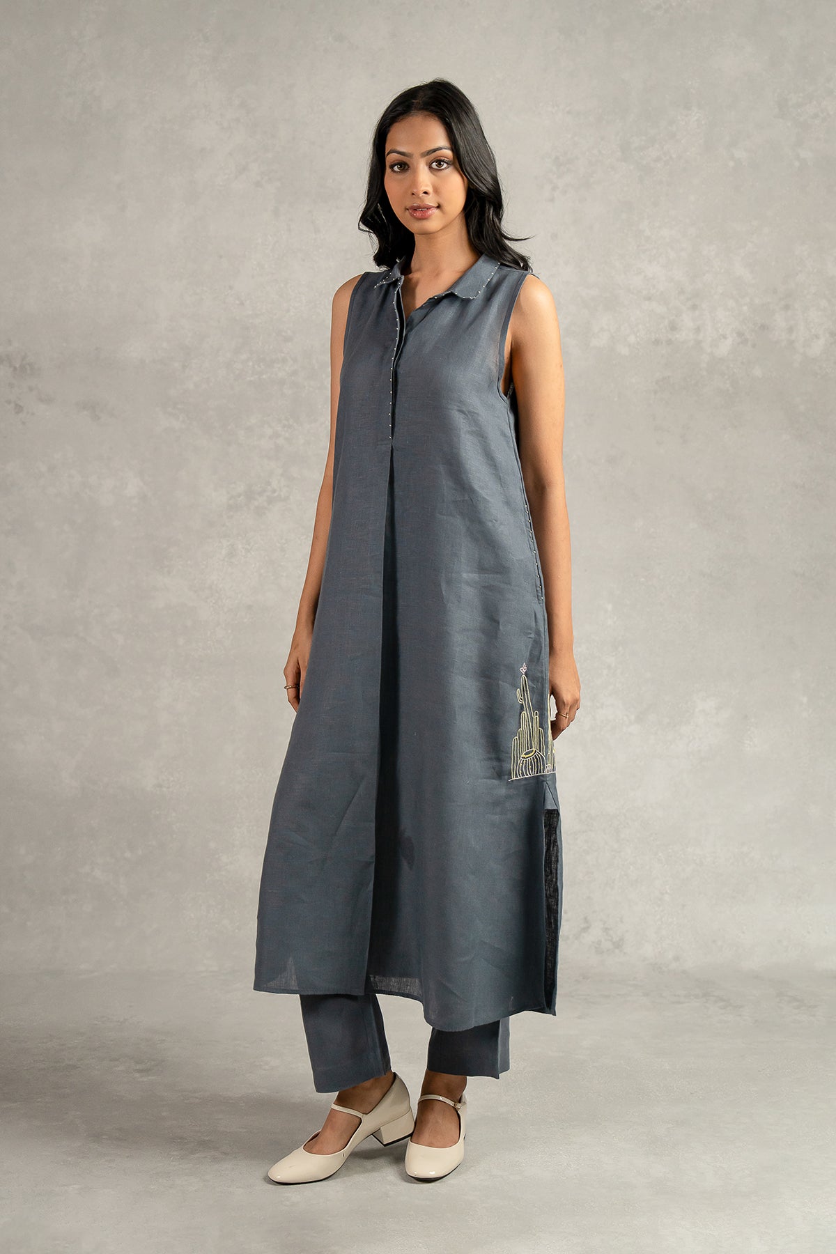 Laura Linen Half Placket Long Dress And Pant Set With Pockets – Charcoal Grey