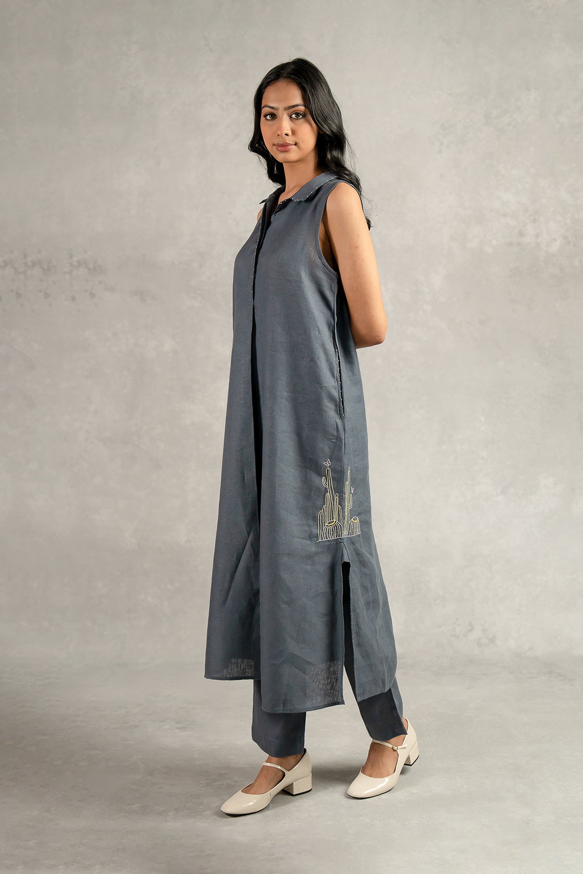 Laura Linen Half Placket Long Dress And Pant Set With Pockets – Charcoal Grey
