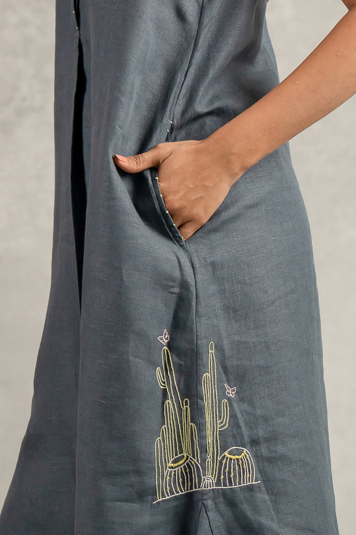 Laura Linen Half Placket Long Dress And Pant Set With Pockets – Charcoal Grey