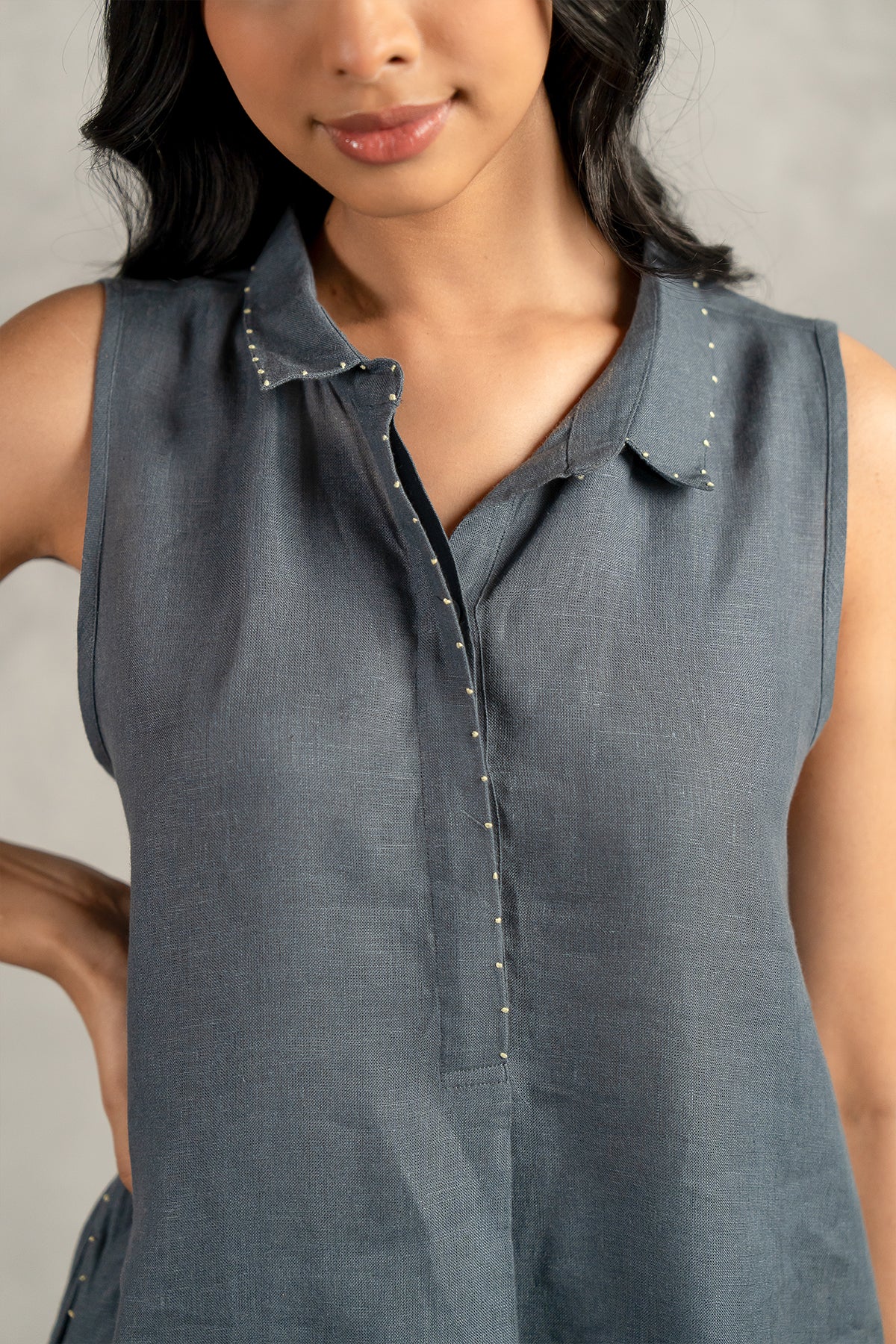 Laura Linen Half Placket Long Dress And Pant Set With Pockets – Charcoal Grey
