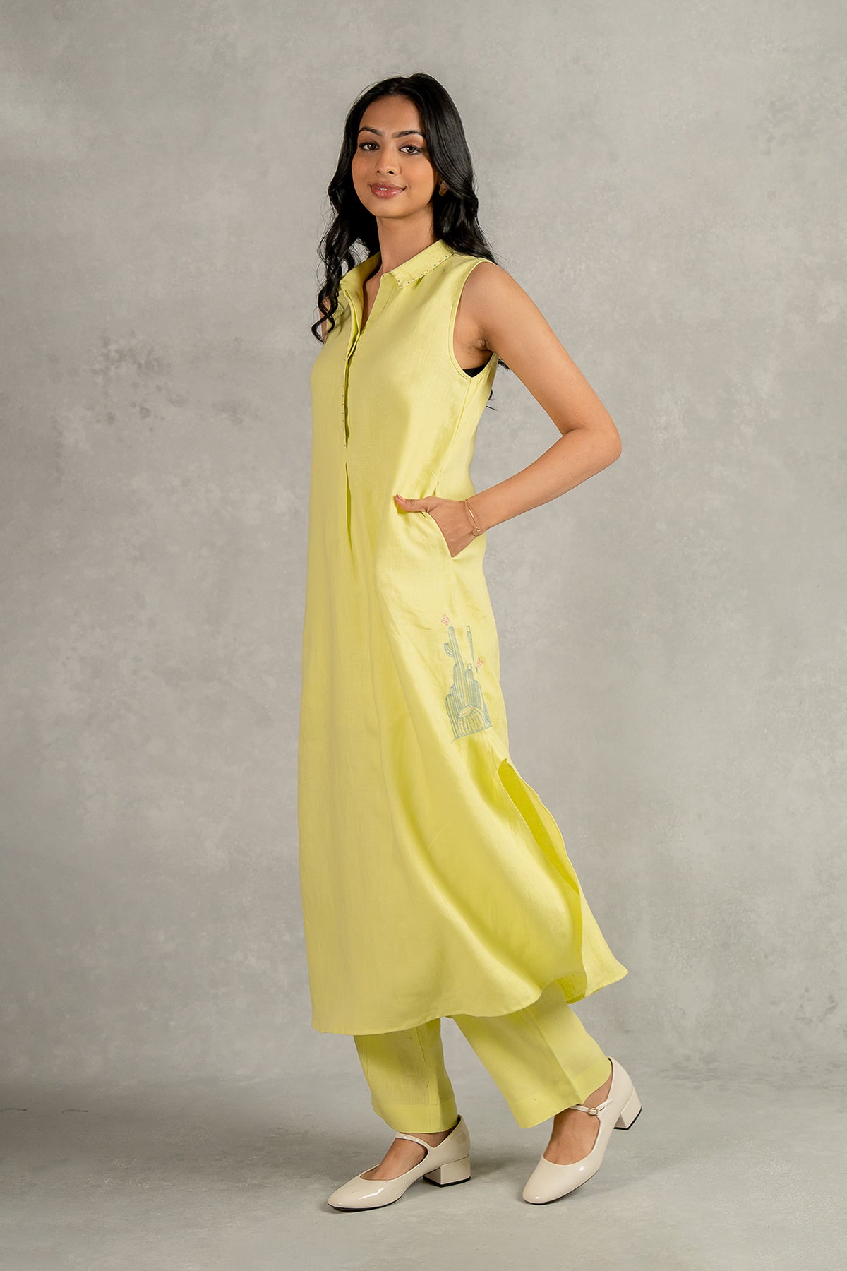 Laura Linen Half Placket Long Dress And Pant Set With Pockets – Lime
