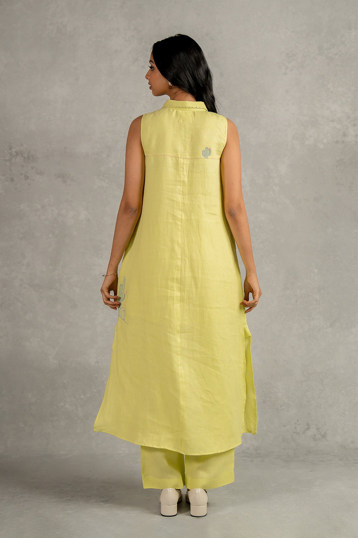 Laura Linen Half Placket Long Dress And Pant Set With Pockets – Lime