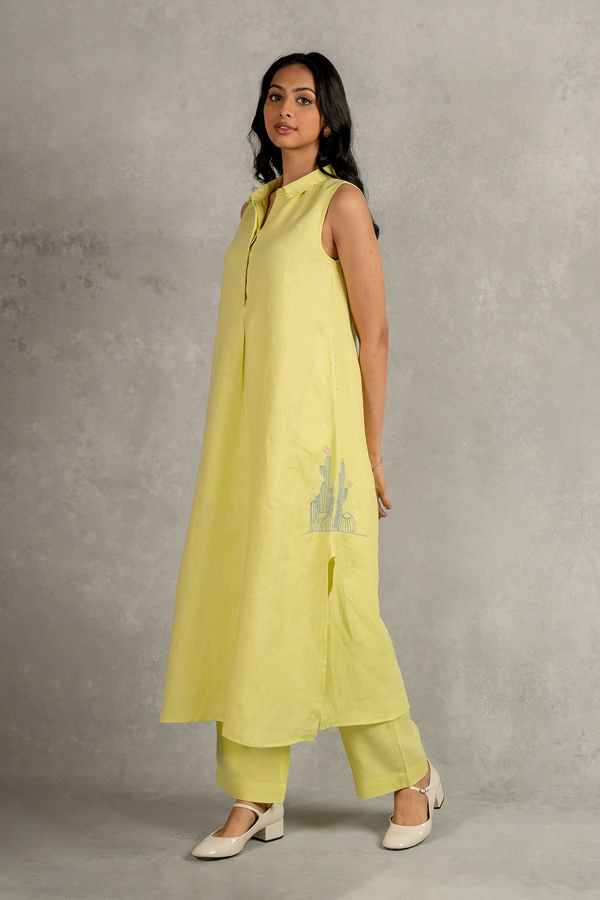 Laura Linen Half Placket Long Dress And Pant Set With Pockets – Lime