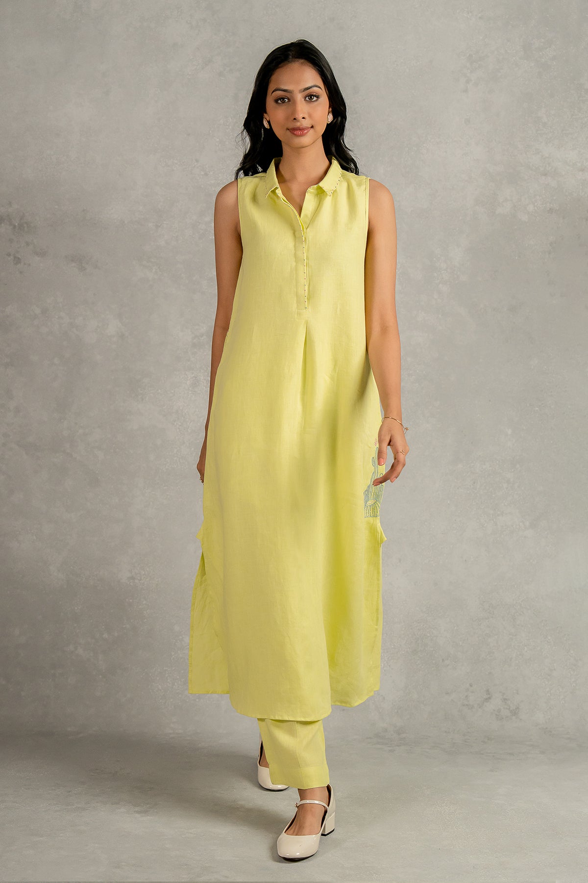 Laura Linen Half Placket Long Dress And Pant Set With Pockets – Lime
