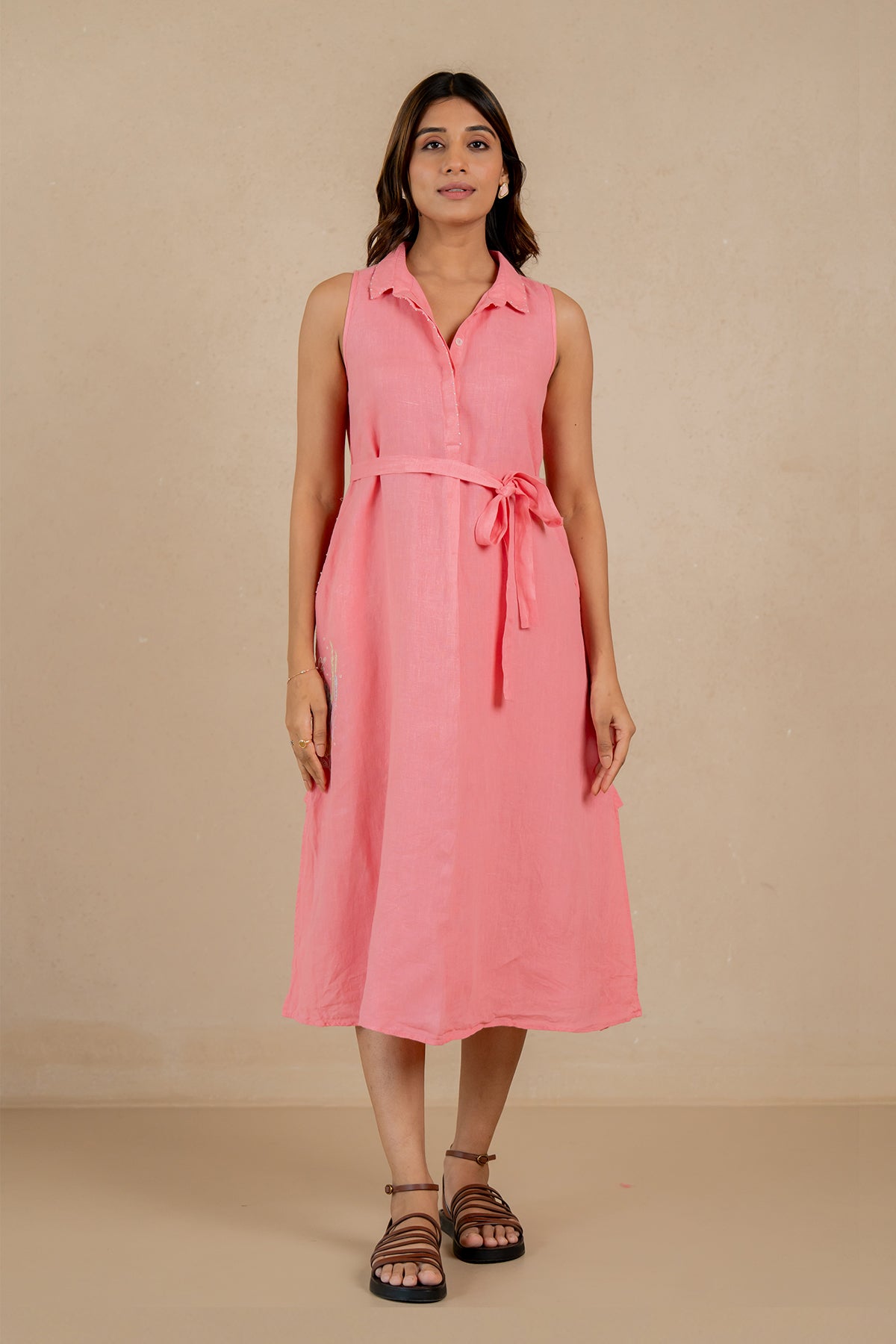 Laura-Linen-Half-Placket-Long-Dress-With-Pockets-Flamingo-Pink-