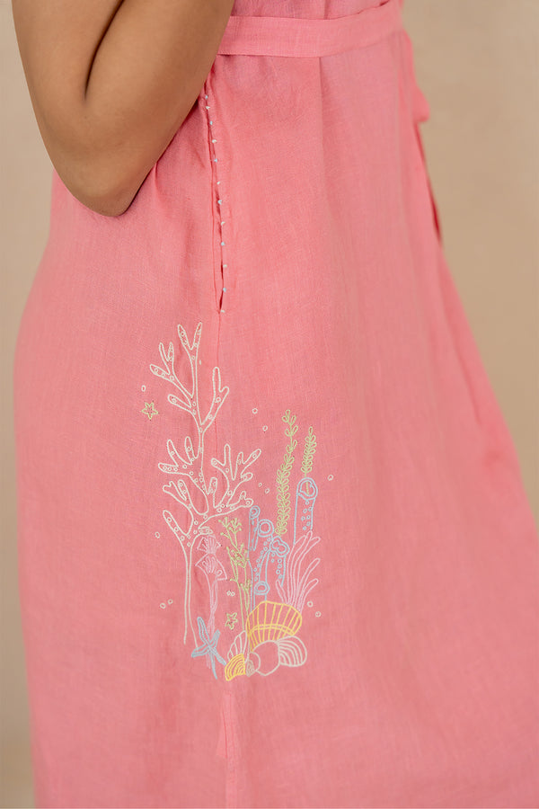Laura-Linen-Half-Placket-Long-Dress-With-Pockets-Flamingo-Pink-