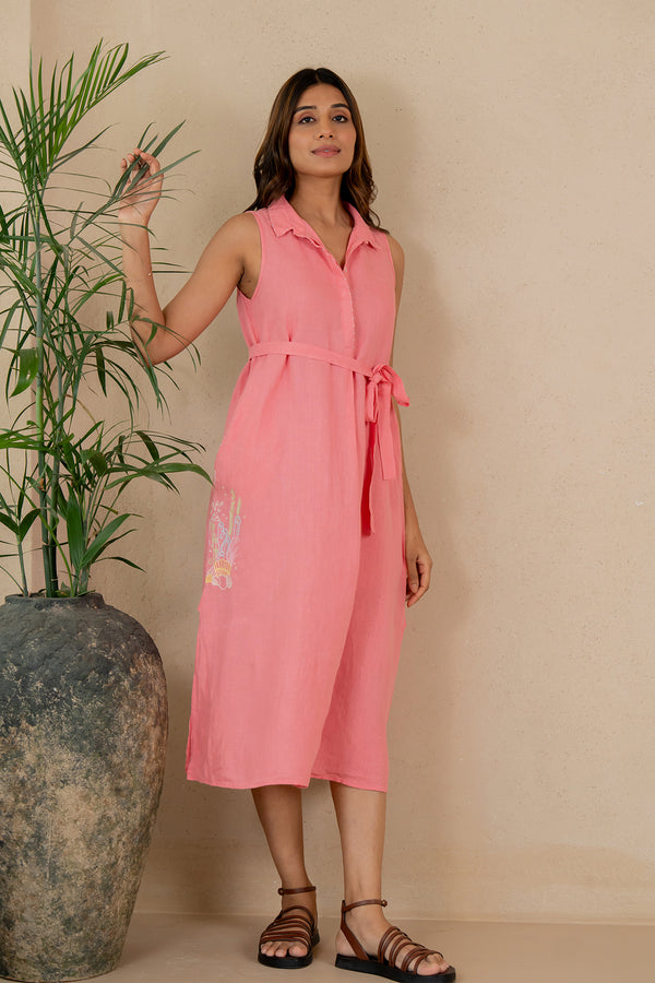 Laura-Linen-Half-Placket-Long-Dress-With-Pockets-Flamingo-Pink-