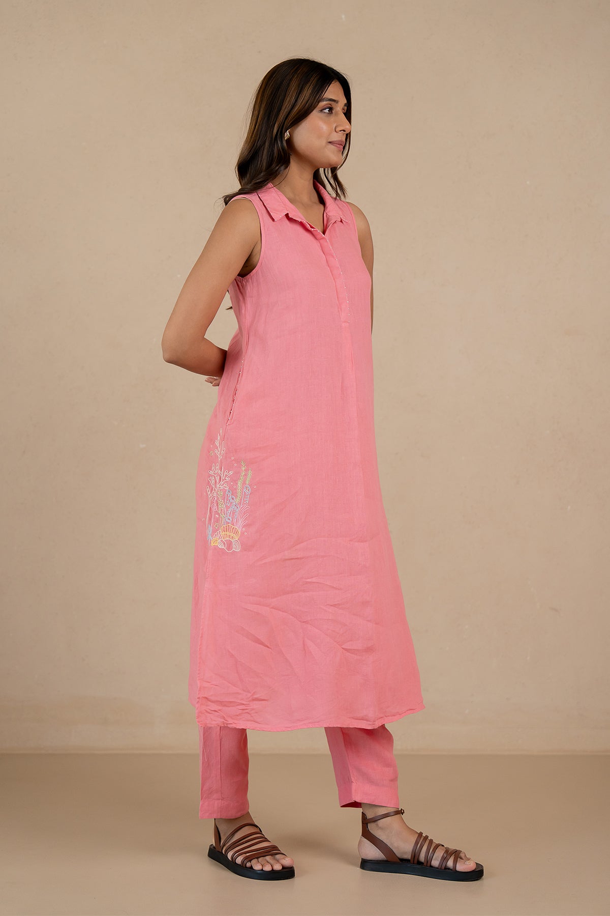 Laura-Linen-Half-Placket-Long-Dress-and-Pant-Set-With-Pockets-Flamingo-Pink-