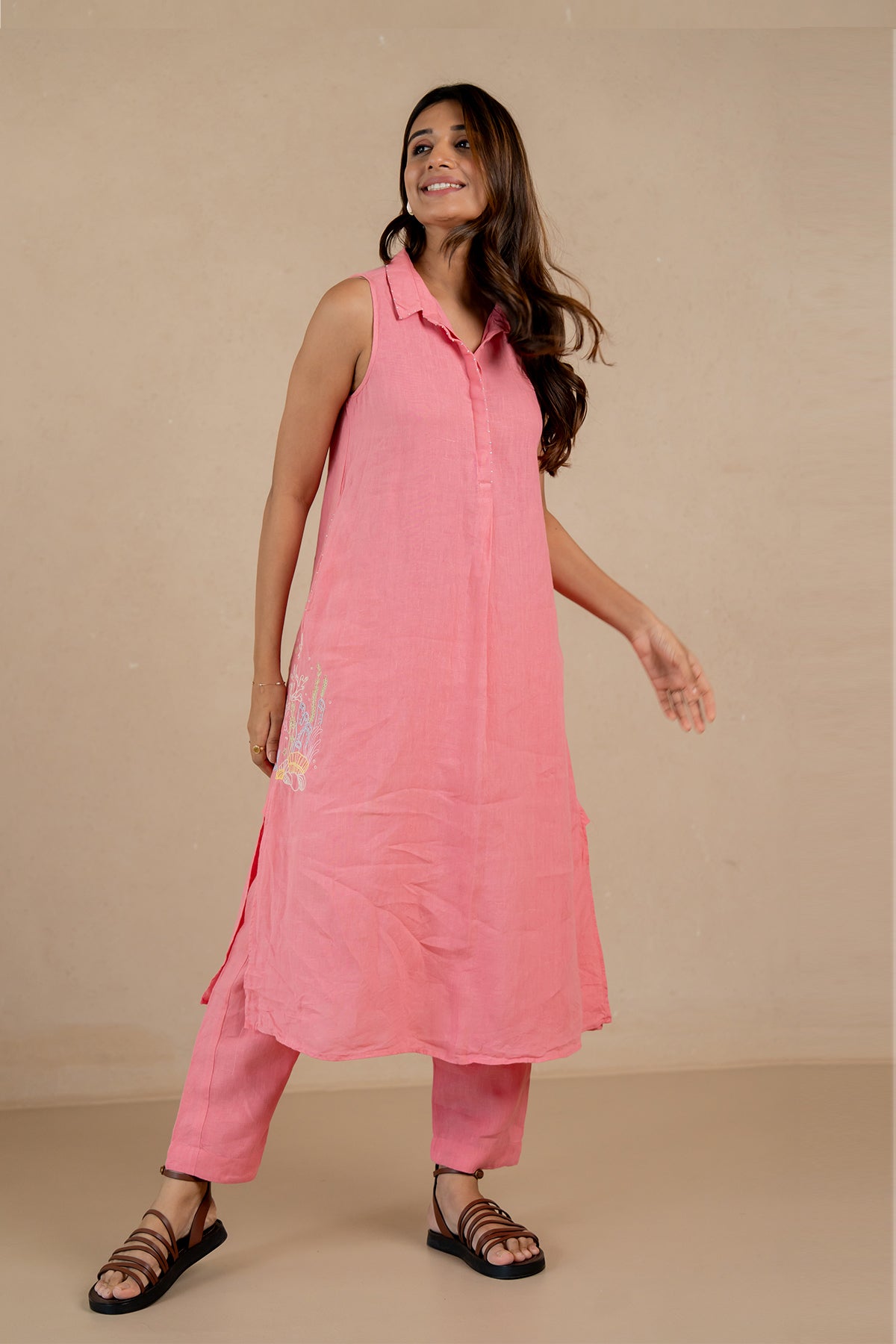 Laura-Linen-Half-Placket-Long-Dress-and-Pant-Set-With-Pockets-Flamingo-Pink-