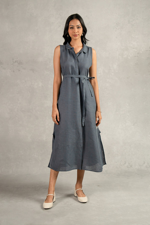 Laura Linen Half Placket Long dress with Pockets - Charcoal grey