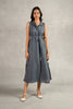 Laura Linen Half Placket Long dress  with Pockets - Charcoal grey