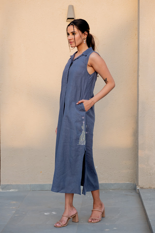 Laura Linen Half Placket Long dress with Pockets - Charcoal grey