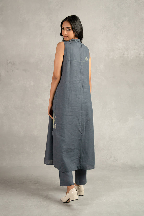 Laura Linen Half Placket Long dress with Pockets - Charcoal grey