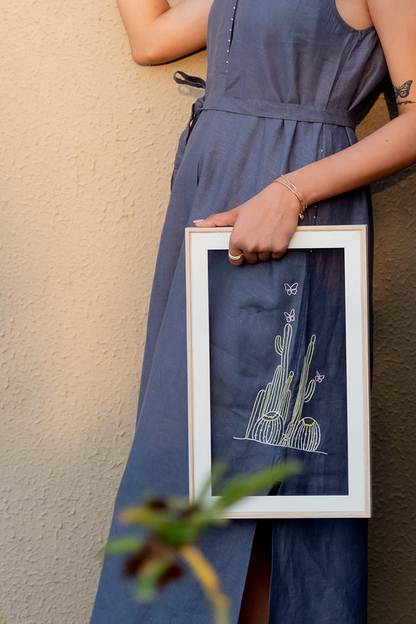 Laura Linen Half Placket Long dress with Pockets - Charcoal grey