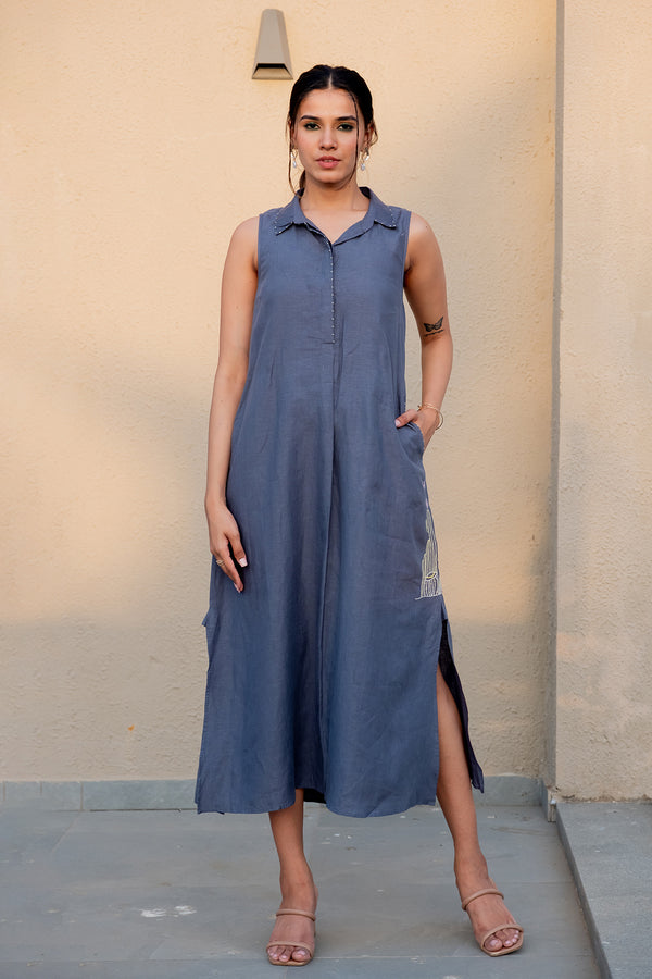 Laura Linen Half Placket Long dress with Pockets - Charcoal grey