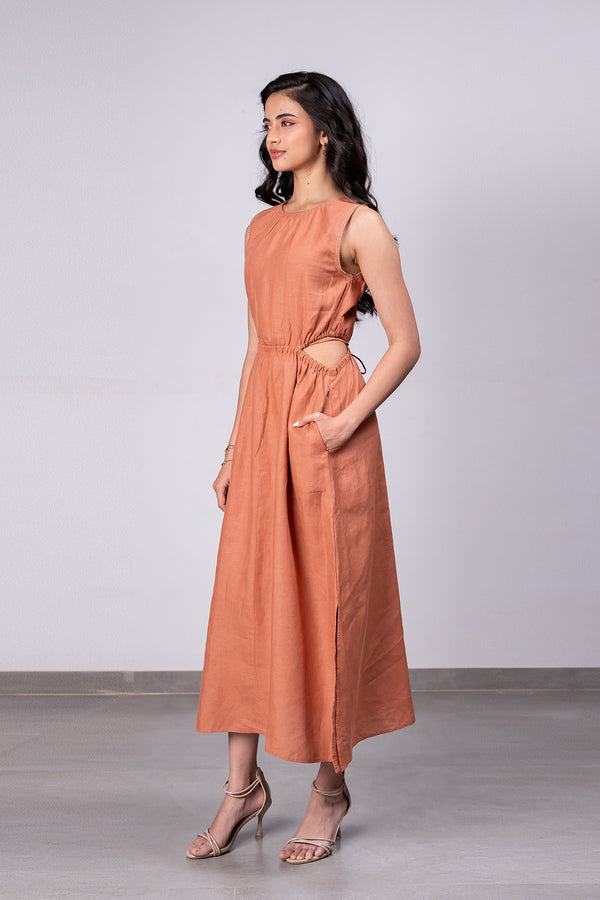 Laurel Linen Side Cut Waist Dress with Pockets - Sand Brown