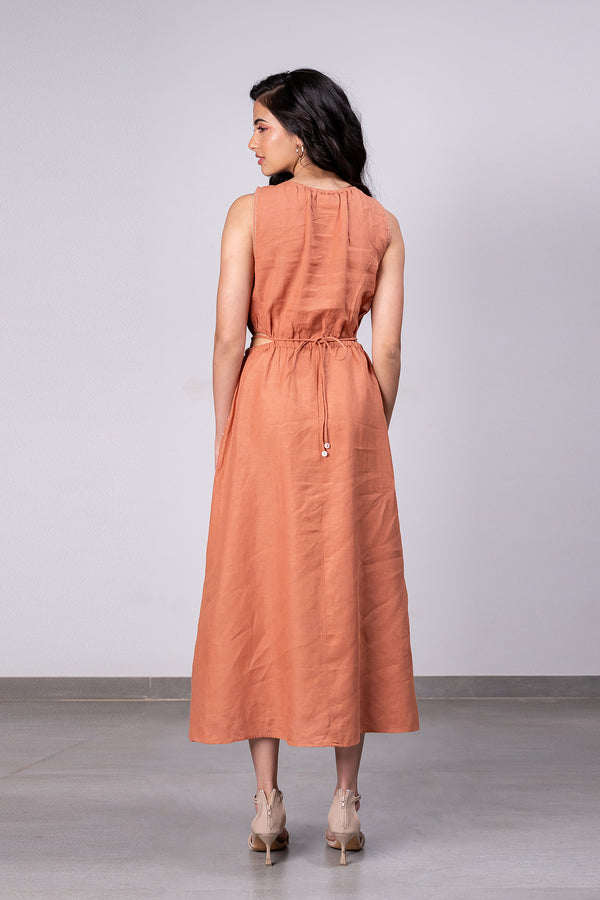 Laurel Linen Side Cut Waist Dress with Pockets - Sand Brown