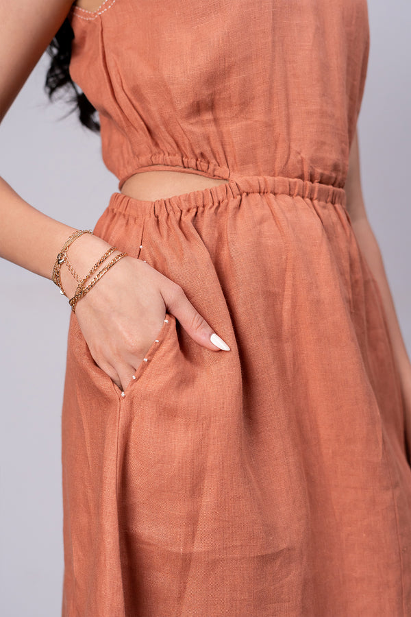Laurel Linen Side Cut Waist Dress with Pockets - Sand Brown