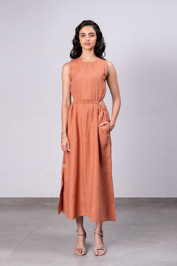 Laurel Linen Side Cut Waist Dress with Pockets - Sand Brown