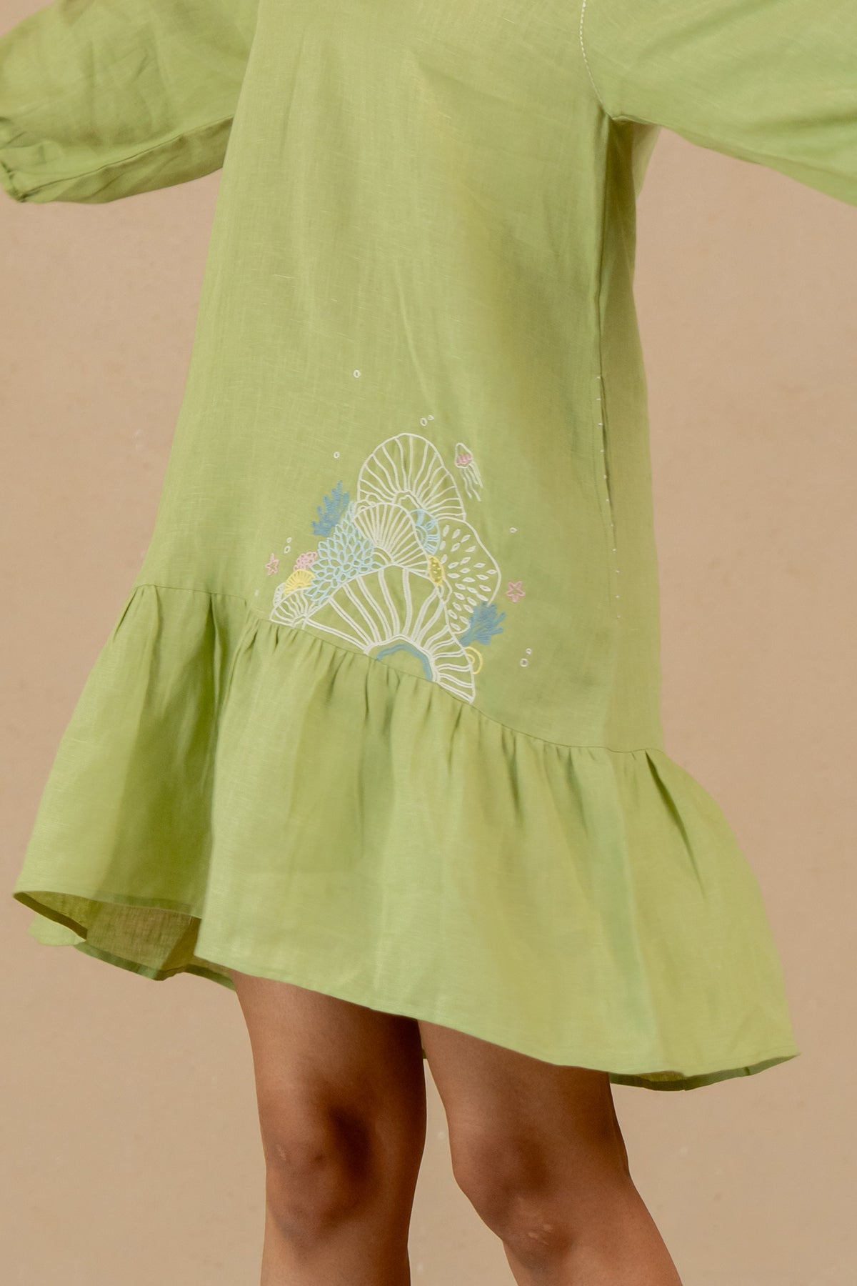 Linen-Coral-Raglan-Short-Dress-Algae-Green-