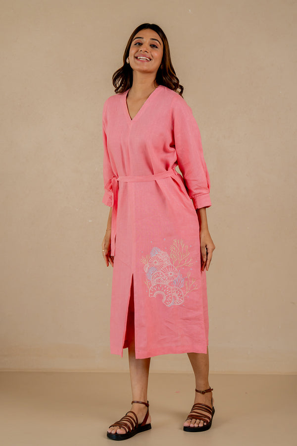 Linen-Front-Slit-Dress-Flamingo-Pink-
