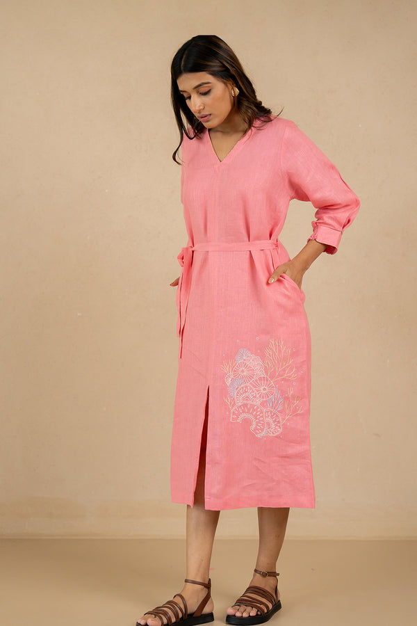 Linen-Front-Slit-Dress-Flamingo-Pink-