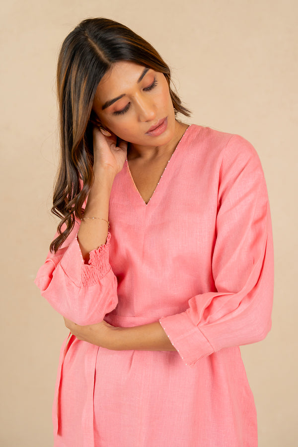 Linen Front Slit Dress- Flamingo Pink