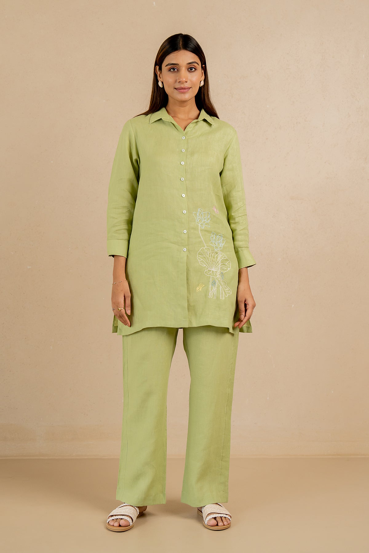 Linen-Full-Placket-Short-Kurta-Algae-Green-