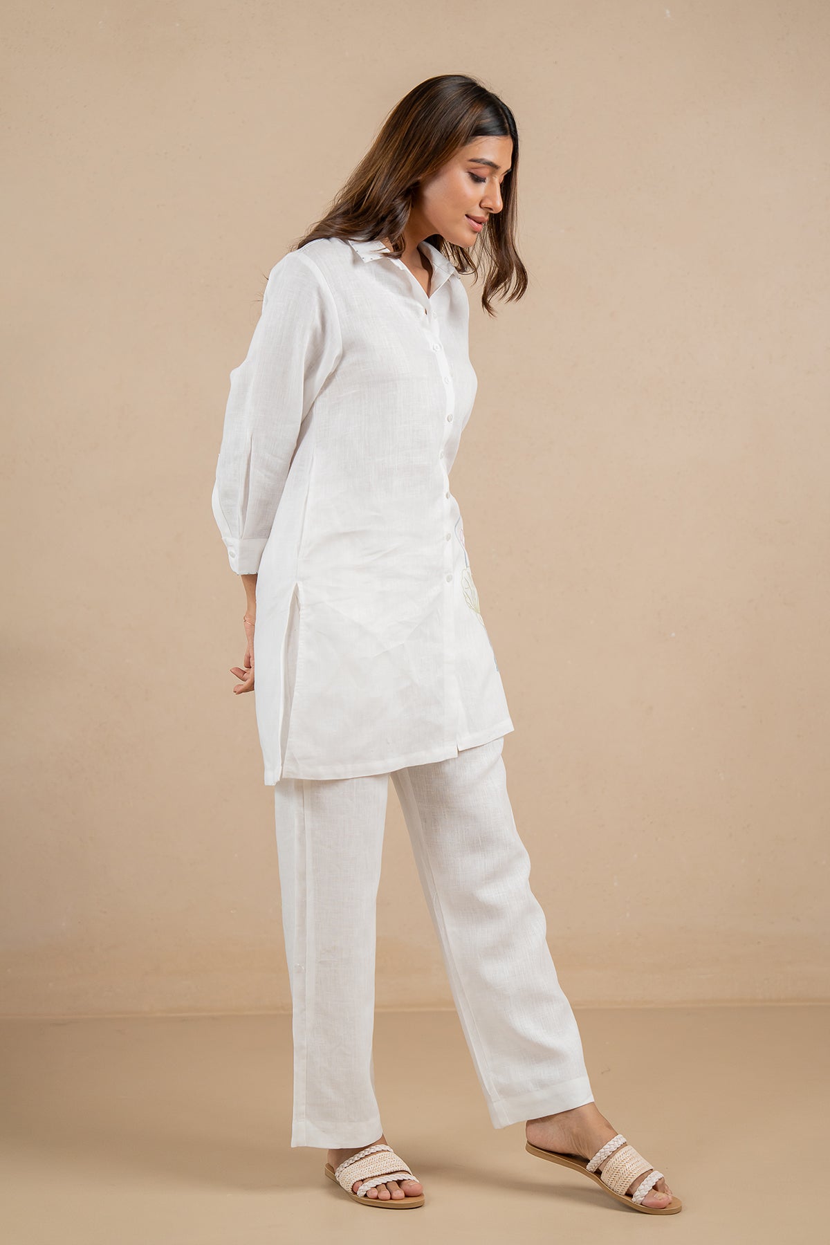 Linen Full Placket Short Kurta & pant Set- Marble White