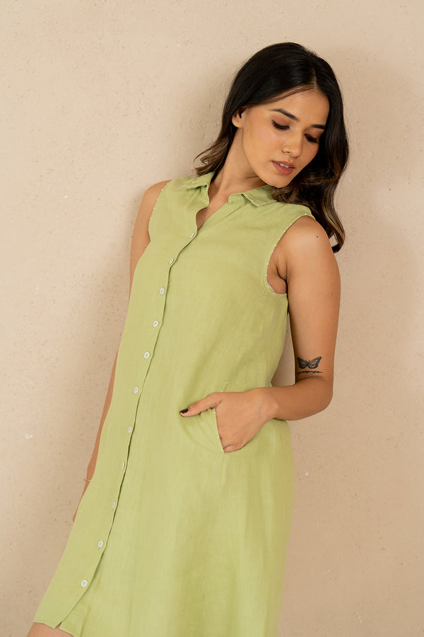 Linen-Kai-sleeveless-dress-Algae-Green-