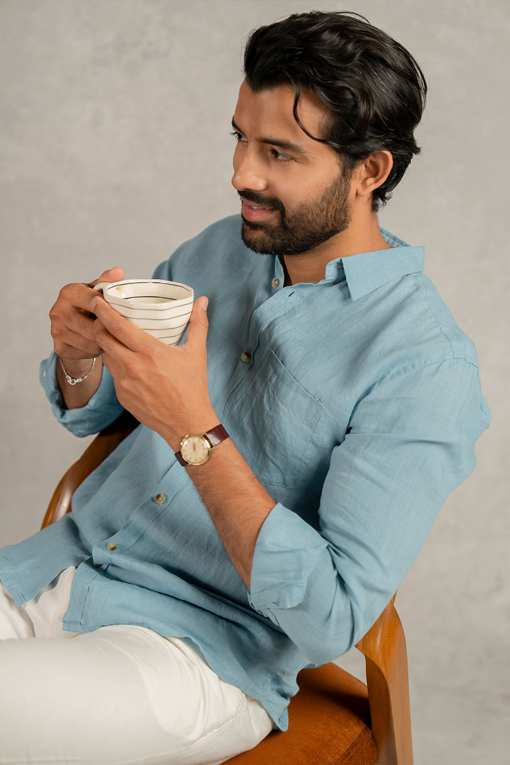 Linen Men Classic Collar Shirt - Icy Blue
